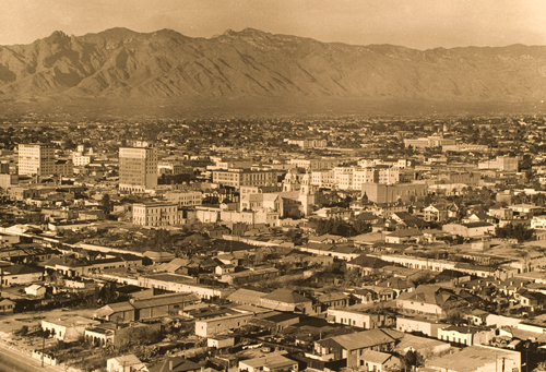 Aerial view of the barrio and la calle pre-urban renewal, circa 1940s. Photo courtesy Arizona Historical Society #1303 (A.E. Magee Collection)