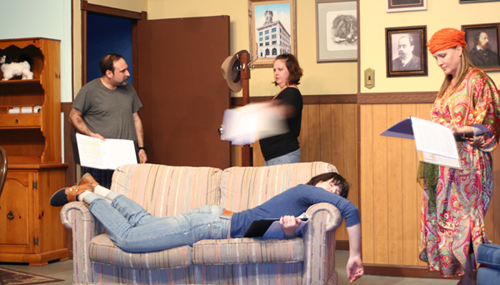 The cast of "Kill Grandpa" rehearing in March. Pictured, left to right, is Tony Ecstat, Nell Summers, Maria Fletcher, with Callie Hutchison on the couch. photo: Craig Baker