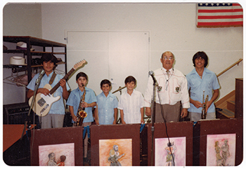 Hermanos Jovel (Victor with guitar, Oscar with saxophone, Indio, Elias, our teacher Uchi Hernandez and Jaime with trumpet) playing a gig at the senior citizen center down town Tucson in the early 80’.